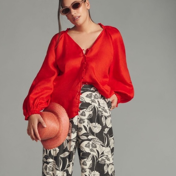 NWT! Anthropologie Maeve LINEN The Audie Puff-Sleeve Oversized Top Shirt M - Picture 1 of 15